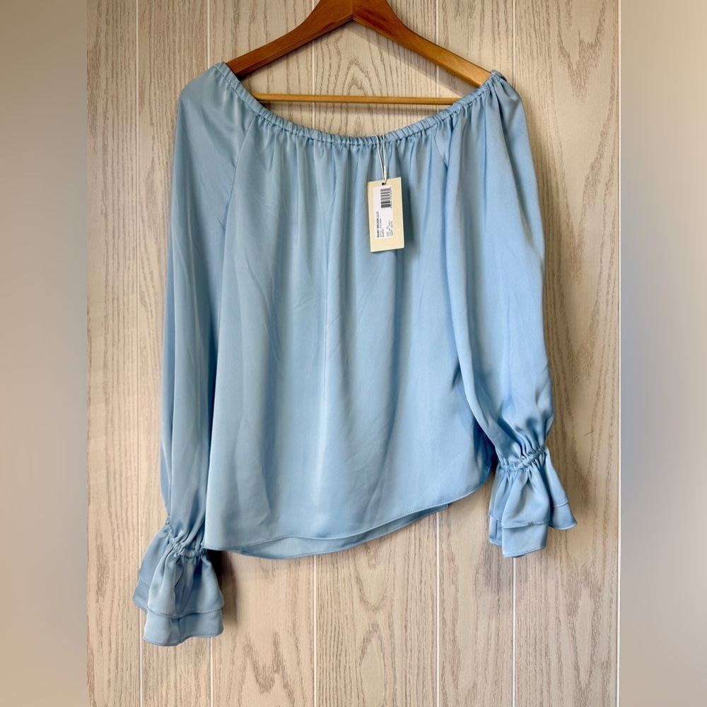 Ramy Brook Murphy Off Shoulder Silk Blouse Celeste Blue – XS